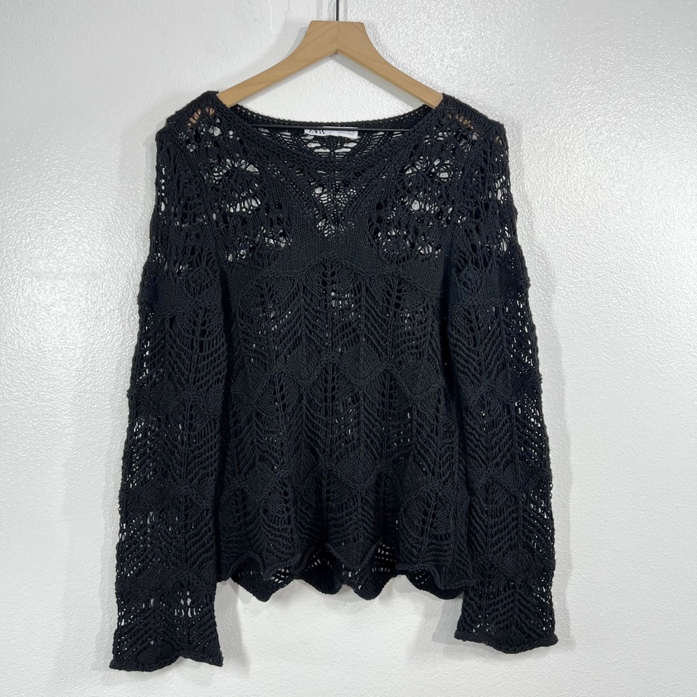 Zara Pointelle Openwork Lace Knit Sweater Black Womens Medium M Crochet Pullover - Picture 2 of 10